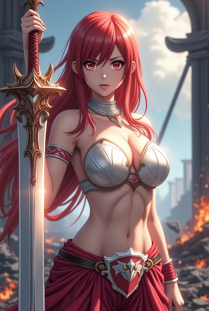Here’s a detailed prompt to create an image of Erza Scarlet:
(Erza Scarlet:1.4), (Fairy Tail anime style:1.4), (masterpiece:1.4, best quality), (photo realistic:1.4), fierce and determined expression, dynamic battle pose, wearing her iconic armor with intricate details, (armor glowing with magical energy:1.2), long, flowing scarlet hair, holding a massive sword with a beautifully decorated hilt, (sharp and intense gaze:1.2), (powerful aura surrounding her:1.2), (background of a battlefield with rubble and flames:1.2), (dramatic lighting with strong contrasts:1.2), vibrant colors, rich textures, highly detailed armor and weapon, (dynamic composition with movement and energy:1.2), (deep reds:1.2), (metallic silver:1.2), high-quality and detailed, (epic and powerful atmosphere:1.2), captivating and commanding presence, perfect image quality, iconic and recognizable, strong sense of action and intensity