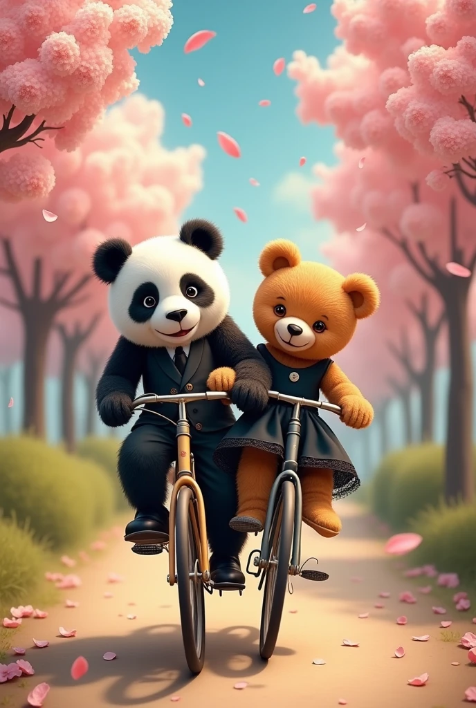 Male Panda and female teddy bear is riding a bike together and both are wearing black dresses