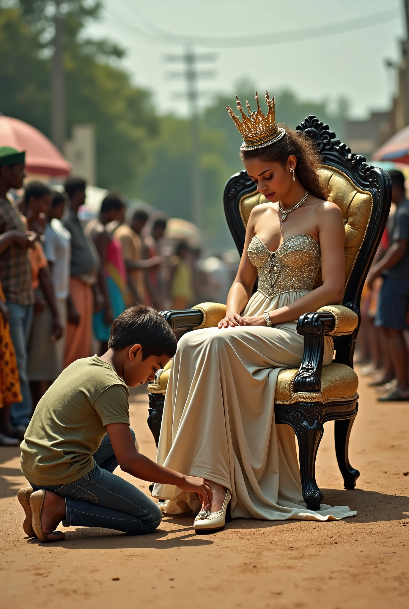 a boy bowing down on the road, cleaning the dirty shoes of his mistress with his tongue and mistress sit on a queendom chair on road , all peoples pray to her as she is goddess all peoples want to be under herfeet