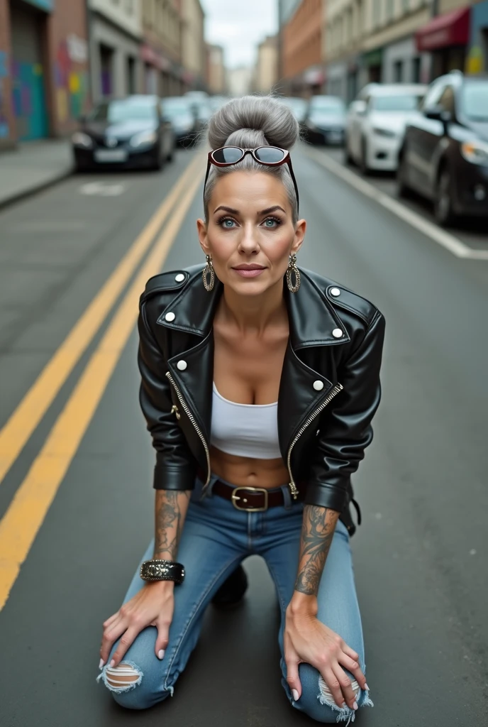 russian old milf woman, grey hair (huge top bun with shaved sides) and sunglasses as headband (big maxi glasses), with very light blue eyes, extremely pale. Wearing cropped spiked black moto jacket, some side pockets with zippers, black bra, skinny dark blue jeans (worn and dirty knees) with white thread seams and pointy Chelsea boots with cuban heels. Bandana knotted in one arm. Lots of metallic bracelets and collars. Lots of pendants. Tacky leather belt with oversized buckle. Long earrings. Sitting on the floor, looking up, chin up, eyes and mouth wide open in amazement. Hands in her lap .Looking at the camera in amazement, toned abdominals, thin legs and thin arms. tattoed