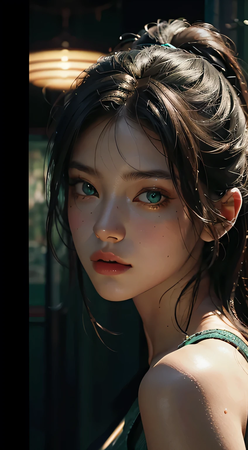 Best Quality, Masterpiece, Ultra High Resolution, (Realisticity: 1.4), Original Photo, 1Girl, Green Eyes, Off-the-Shoulders, Cinematic Lighting