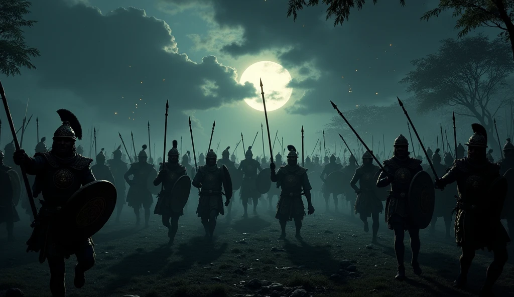 "A dramatic depiction of the Kanchi battle, with Samudragupta’s forces launching a multi-directional attack under the cover of darkness."