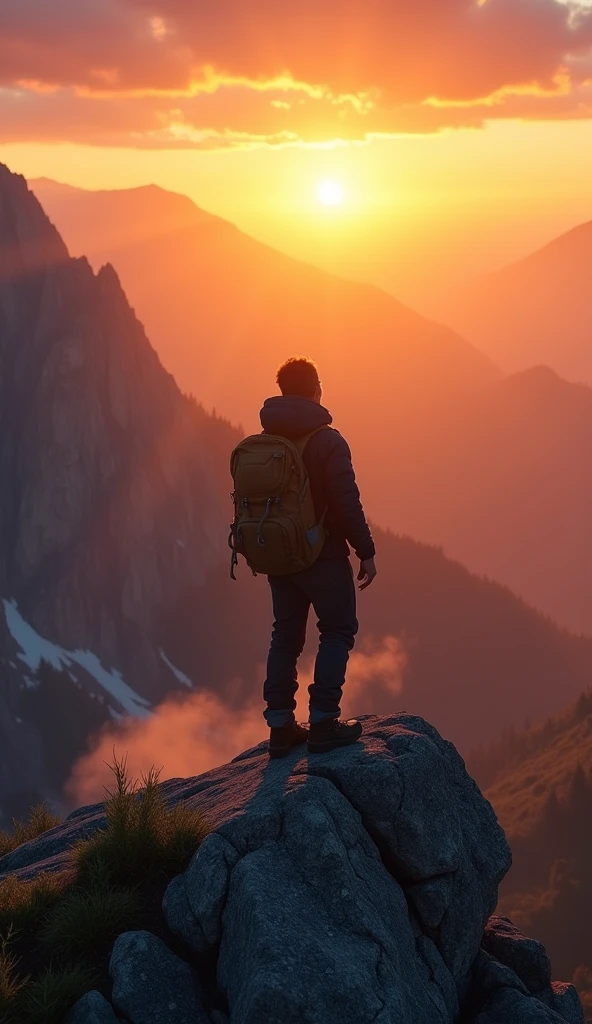 The image of someone looking at the rising sun from the top of a mountain, symbolizes the beginning of a journey.