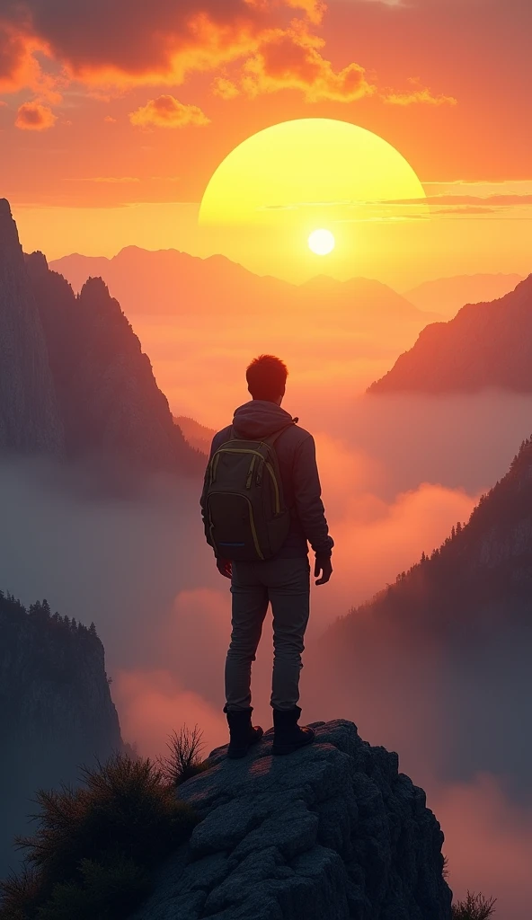 The image of someone looking at the rising sun from the top of a mountain, symbolizes the beginning of a journey.