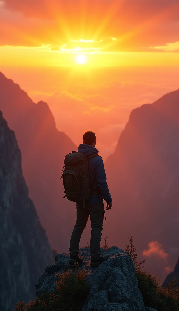 The image of someone looking at the rising sun from the top of a mountain, symbolizes the beginning of a journey.