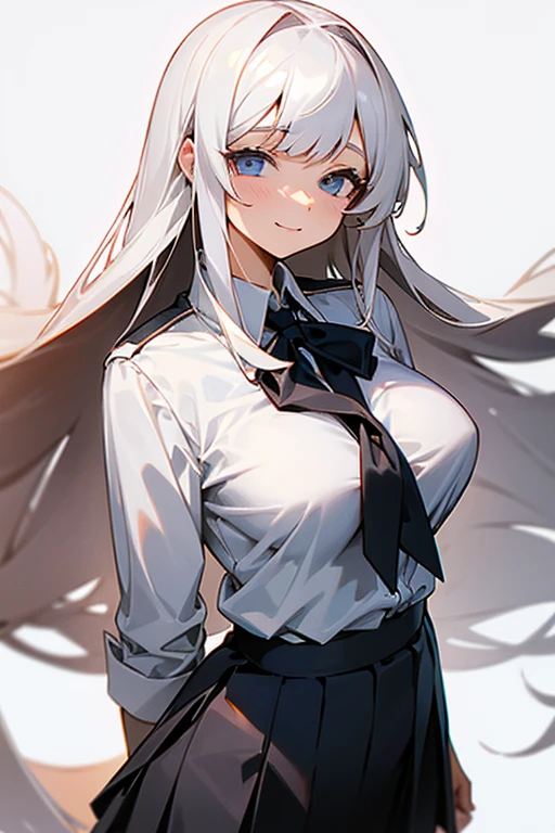 A woman in a school uniform with long hair, a satisfied expression, a soft smile, and large breasts. She's wearing a white shirt and a black skirt. The background is white.
