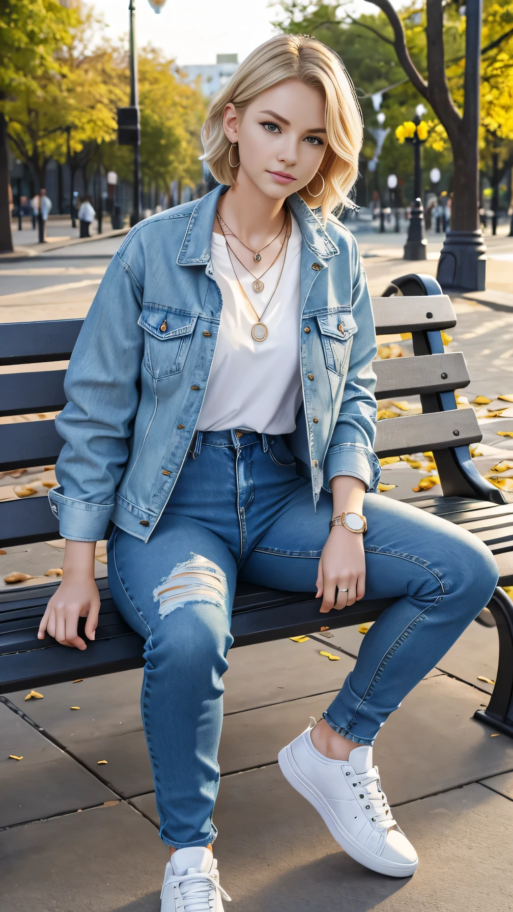 Super Resolution、Neat and clean Caucasian woman、Full body photo、sitting on a park bench、Blonde Hair、Short Haircut、Wavy Hair、Blue eyes、Short Haircut、Ear piercing、、necklace、Denim jacket、shirt、Skinny jeans、sneakers、