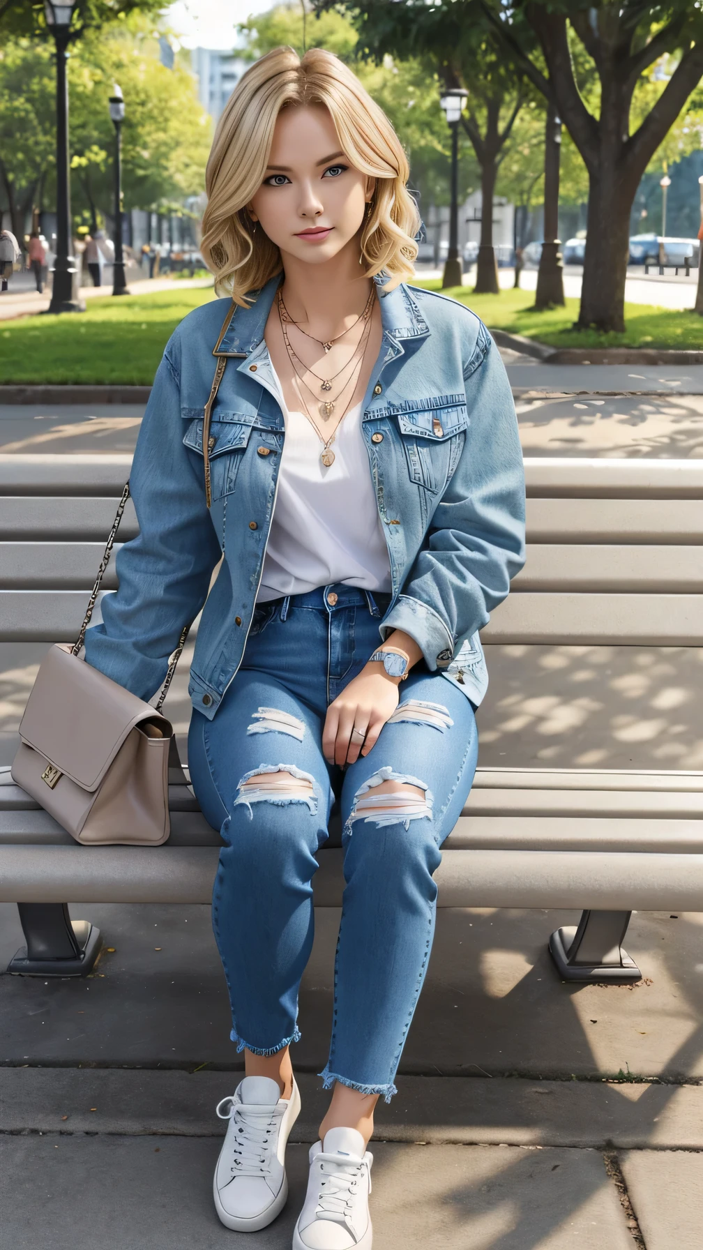 Super Resolution、Neat and clean Caucasian woman、Full body photo、sitting on a park bench、ear piercing、Blonde Hair、blue eyes、Short Haircut、Wavy Hair、、necklace、Denim jacket、shirt、Skinny jeans、sneakers、
