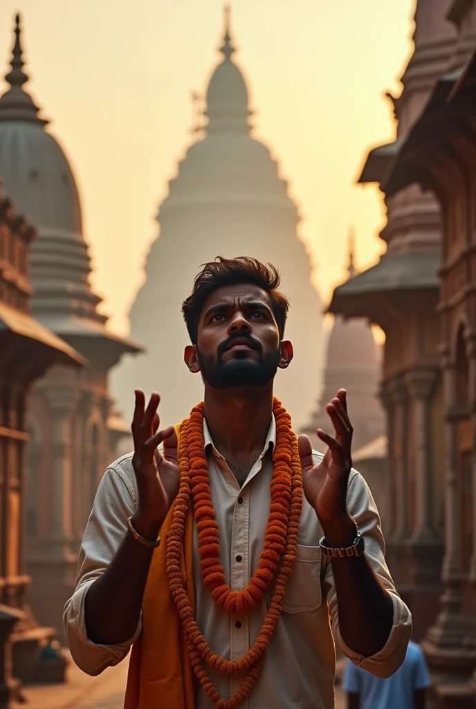 In Vrindavan city. A young India modern man with his four hands with tensed face. With lord Krishna shadow in background.