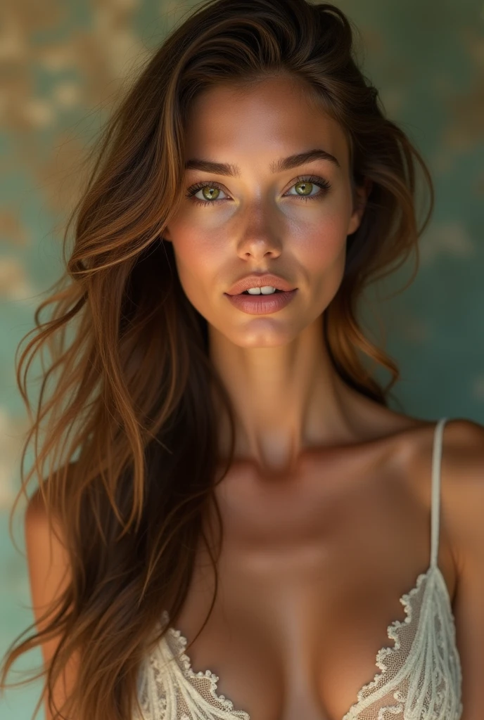 (photoréalisme:1.2), Beau, superbe, magnifique, superbe woman, cheveux bruns, yeux verts, clivage, jambes fines, Fonctionnalités logicielles, muse, Déesse, Peau réaliste, extremely detailed photo of a strikingly superbe woman, pose sensationnelle, stunnig tout le corps shot, pose nue, déesse brune, coquine nue