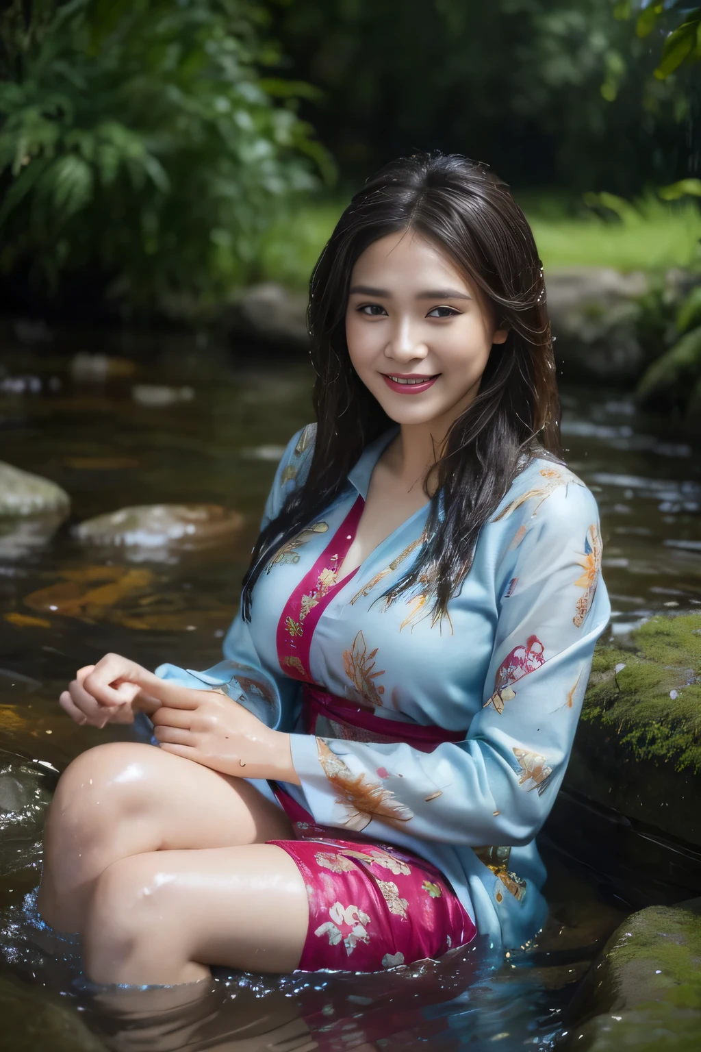 Malay woman wearing batik clothes, sitting in the river stone, long sleeves, close-up fantasy with water magic, beautiful girl, smile happily, big breast, long brown hair, wet hair, wearing a dress made of water, lifting up her dress, splashing water, realistic oil painting, soaking wet, in the water high knee length covered, beautiful realistic painting, nymph in the water, hyperrealistic portrait in the river, hyperrealistic fantasy art, splashes, realistic fantasy painting, cute shot, narrow depth of field, 8k, nsfw, soaking wet, ((soaked)), dripping water, dripping water, heavy clothes, soaked in water, soaked, lipstick rouge, soaked,