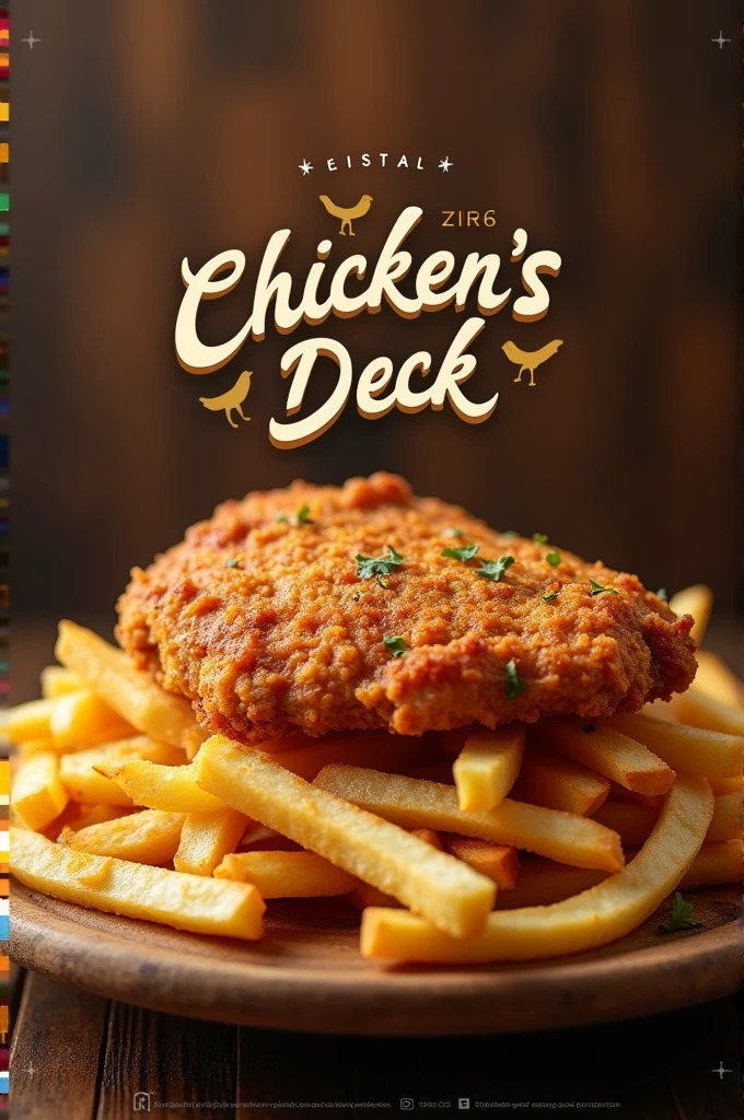 Chicken Fillet on top of a Bed of fries
Logo for a Restaurant Named "Chicken's Deck"
Simple and unique