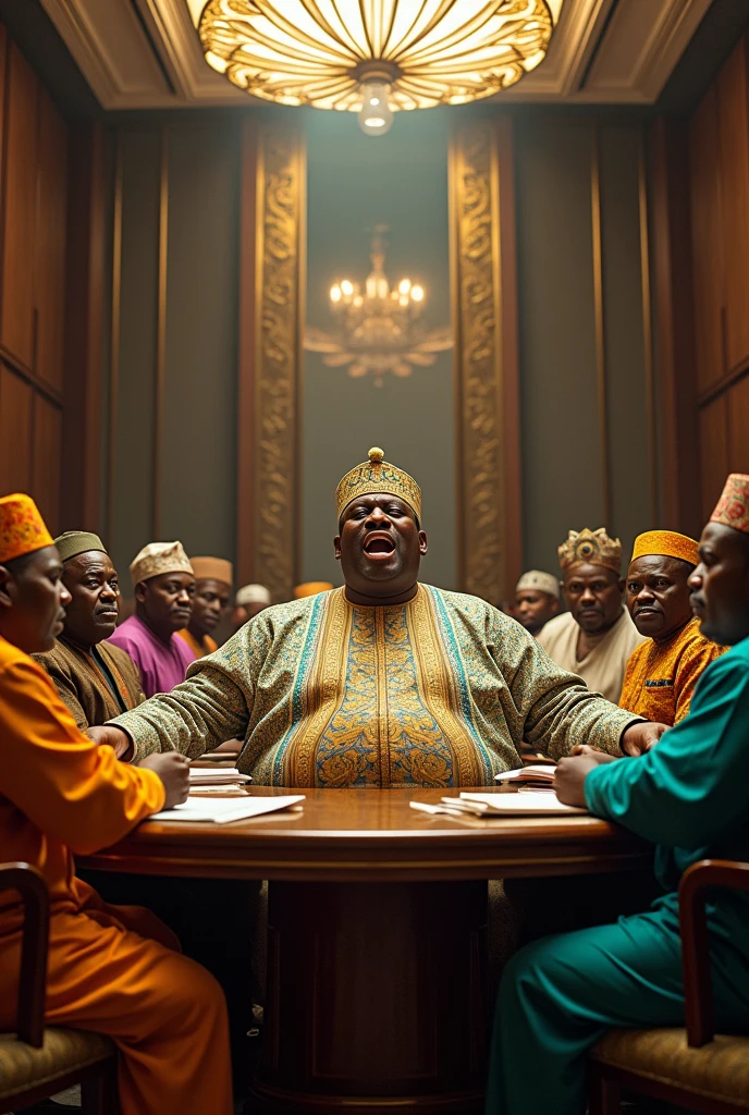 A ruthless, big bellied Nigerian political king maker with big eye balls,wearing agbada and Yoruba Fula looking mean shoutiing angrily with other big bellied politicians wearing agbada , and Igbo and Hausa traditional attire and Yoruba and Hausa caps laughing I sheepishly bowing to him on his left and right hand side in a big modern city hall sitting on a large sophisticated round table