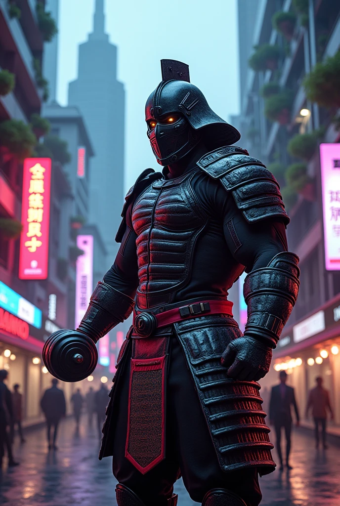 A samurai in a mask and armor,A katana on a belt.
All this is done in a cyberpunk style.
Make him do sports and have dumbbells in his hands.
He did a dumbbell curl while looking at his hand. ,when she is stressed,the second hand with a dumbbell in a relaxed state