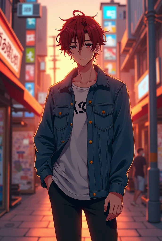 梶原 明人（Kajiwara Akito） Hairstyle：Slightly longer, loose perm、Reddish brown hair Eye color：Black, Height：175cm Clothing：Denim jacket or casual shirt、Slim-fit pants