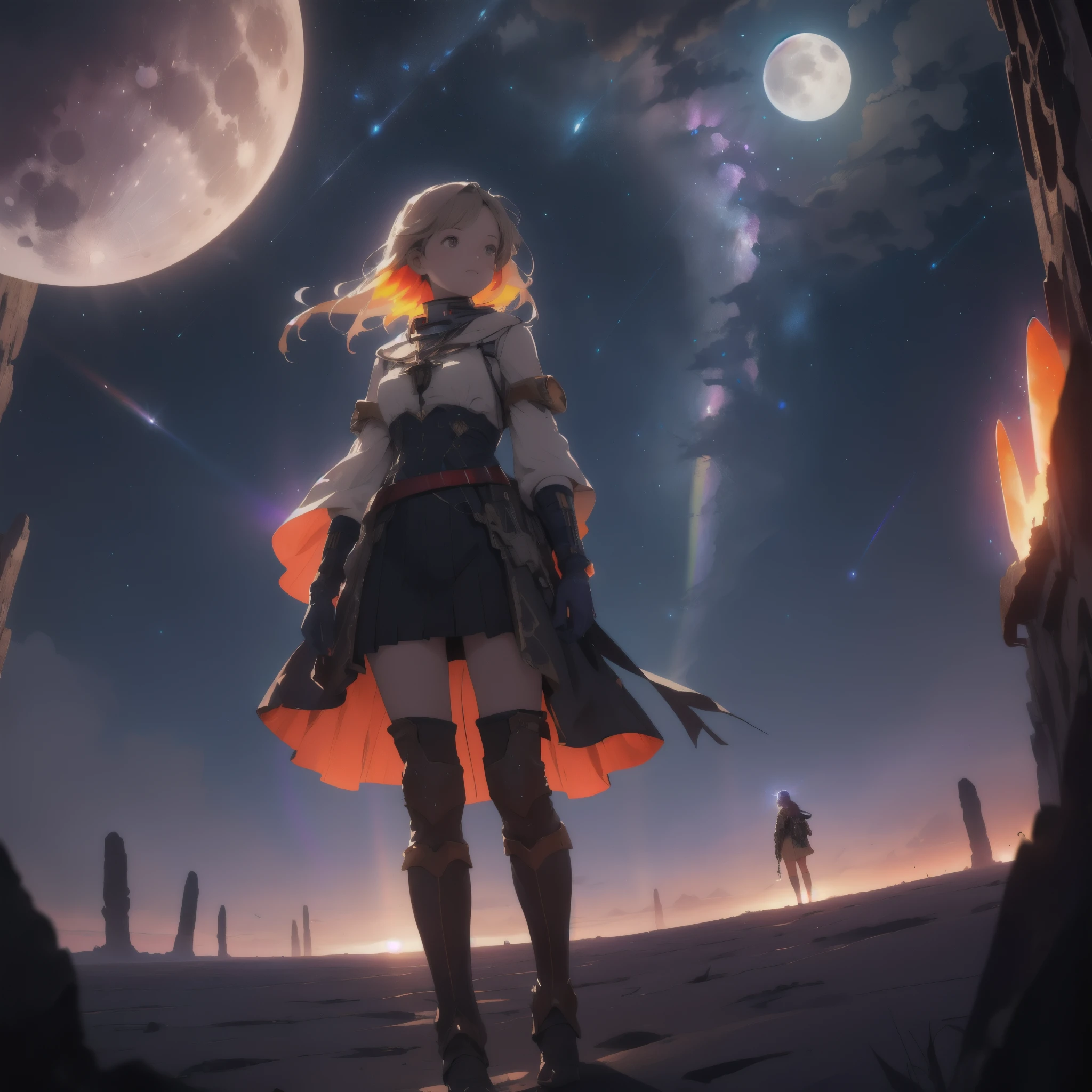 High resolution, vast landscape photography, (view from below with sky above and wide fields below), girl standing in desert looking up, (full moon:1.2), ( shooting star:0.9), ( nebula:1.3), distant mountain, tree break production art, (warm light source:1.2), (firefly:1.2), lamp, lots of red and blue, intricate details, volumetric lighting break (masterpiece:1.2), (best quality), 4k, highly detailed, (dynamic composition:1.4), highly detailed, colorful details,( rainbow:1.2), (glowing lighting, atmospheric lighting), dreamy, steampunk, (alone:1.2)