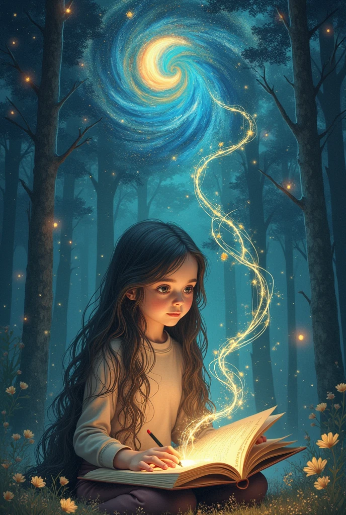 une fille qui lit un livre et qui grace au livre imagine un monde fantastique que l'on va pouvoir observé dans ses long cheuveux qui flotte dans l'air et dans lequelle on voit le monde fantastique