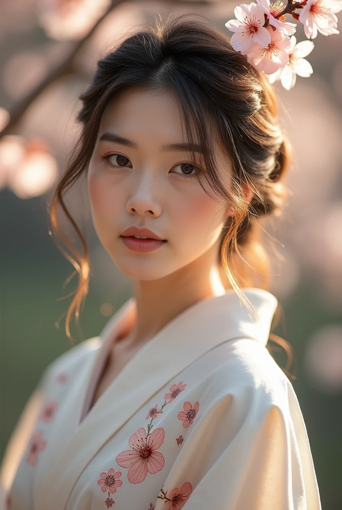 An elegantly dressed Japanese woman in natural light、A close-up of her chest and calm expression.、It shows her inner peace and outer charm.。