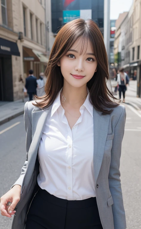 masutepiece, Best Quality, Illustration, Ultra-detailed, finely detail, hight resolution, 8K Wallpaper, Perfect dynamic composition, Beautiful detailed eyes, doress,Medium Hair, mid-chest, Natural Color Lip, Random and sexy poses,Smile,businesswoman、Suits、business sui、White shirt、