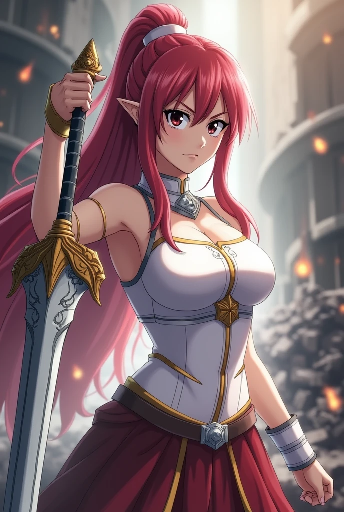 Here’s a detailed prompt to create an image of Erza Scarlet:
(Erza Scarlet:1.4), (Fairy Tail anime style:1.4), (masterpiece:1.4, best quality), (photo realistic:1.4), fierce and determined expression, dynamic battle pose, wearing her iconic armor with intricate details, (armor glowing with magical energy:1.2), long, flowing scarlet hair, holding a massive sword with a beautifully decorated hilt, (sharp and intense gaze:1.2), (powerful aura surrounding her:1.2), (background of a battlefield with rubble and flames:1.2), (dramatic lighting with strong contrasts:1.2), vibrant colors, rich textures, highly detailed armor and weapon, (dynamic composition with movement and energy:1.2), (deep reds:1.2), (metallic silver:1.2), high-quality and detailed, (epic and powerful atmosphere:1.2), captivating and commanding presence, perfect image quality, iconic and recognizable, strong sense of action and intensity