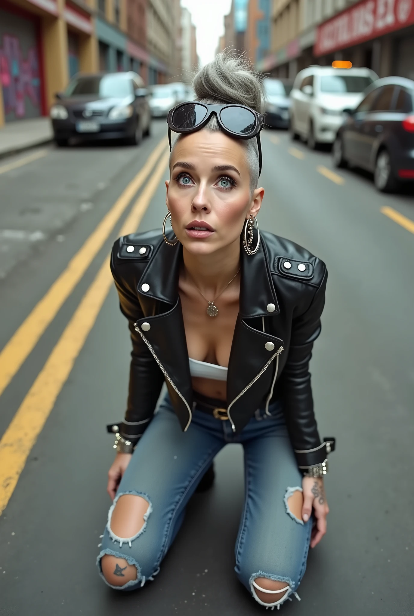 russian old milf woman, grey hair (huge top bun with shaved sides) and sunglasses as headband (big maxi glasses), with very light blue eyes, extremely pale. Wearing cropped black moto jacket with padded shoulders and arms side pocket zippers,  black bra, skinny dark blue jeans (worn and dirty knees) with white thread seams and pointy Chelsea boots with cuban heels . Lots of metallic bracelets and collars. Tacky leather belt with oversized buckle. Wide loop earrings. Sitting on the floor, looking up, chin up, eyes and mouth wide open in amazement. Hands in her crotch .Looking at the camera in amazement,  toned abdominals, thin legs and thin arms. tattoed