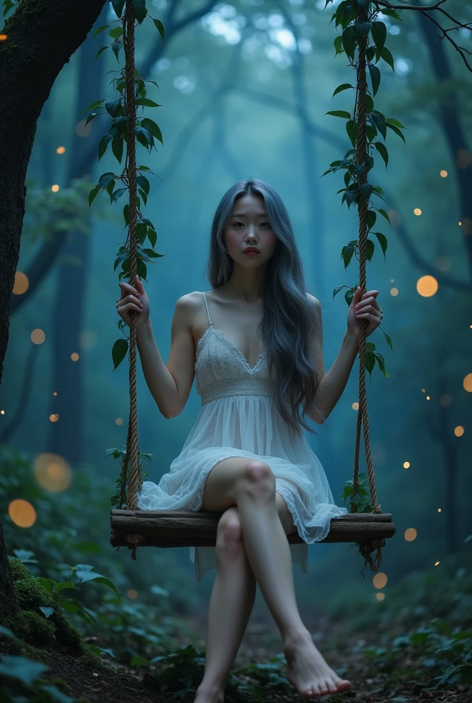 (wide shot, whole body shot), A beautiful korean girl, 20 years old, kpop style, ash grey long wavy hair, white flower headband, blue eyes, sexy body, long legs, wide thigh gap, silver titanium necklace with heart liontin, sitting front view on rotten wood swing inside a quiet mystical illuminated fantasy forest, glowing blue leafs shing the atmosphere, Lots of bright fireflies flying around above the forest, backlighting, holding swing's ropes that has creeping leaves on it. Bare feet, She's wearing transparent white spaghetti strap silky low cut mini night dress, slightly lace dress, cleavage, ((twisting dress, lifting up high your own dress:1.4)), the dress is just below of her pussy, spreading legs, M-legs, ((open wide legs, spreading legs:1.4)), clearly see white slim and thight panties, open legs, looking to the viewer, (((from below, low angle shot:1.4))), beautiful lighting, cinematic, (whole body), (((bright skin:1.4))), ((cinematic lighting:1.3)), bright front studio lighting