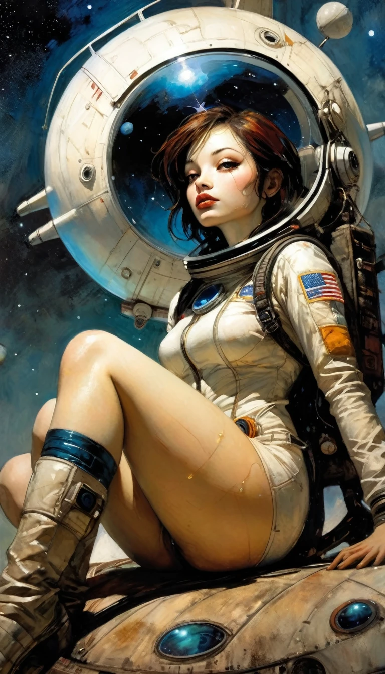 sexy astronaut girl astronaut, on the ground sitting in front of his spaceship, stars, magic,(best quality, 4k, 8k, high resolution, masterpiece: 1.2), ultra-detailed, (realistic, photorealistic, photorealistic : 1.37), intricate details, vivid colors, sharp focus, professional, Dave McKean artwork, surreal oil touch, oil painting style, portrait, woman, beautiful detailed eyes, beautiful detailed lips, dreamlike atmosphere, game of shadows, soft lighting, fun pose, dark tones, ethereal background, fantasy elements, texture, layered composition. {{{,nsfw,speech bubble,sexy nude, {{{,{pussy,spread her pussy,cum,cum on pussy,masterbation,straddling,y}}},cute,ultra detailed skin,sketch}}}, ,}}}, art inspired by Bill Sienkiewicz and Dave McKean