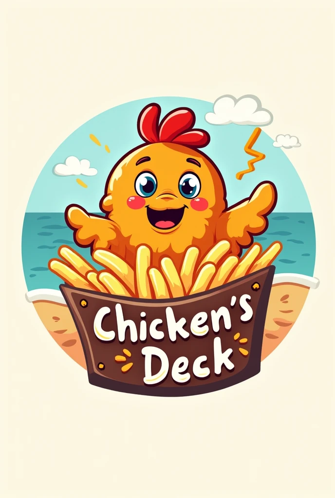 Chicken Fillet on top of a Bed of fries
Logo for a Restaurant Named "Chicken's Deck"
Simple and unique
Cartoon