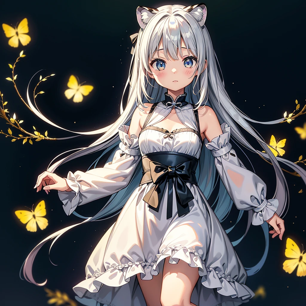Fantasy、cute白虎の赤ちゃんのぬいぐるみを抱きかかえる人間の美少女、Highest quality、Masterpiece、Dynamic composition、The background is a black and white tiger pattern、cute、