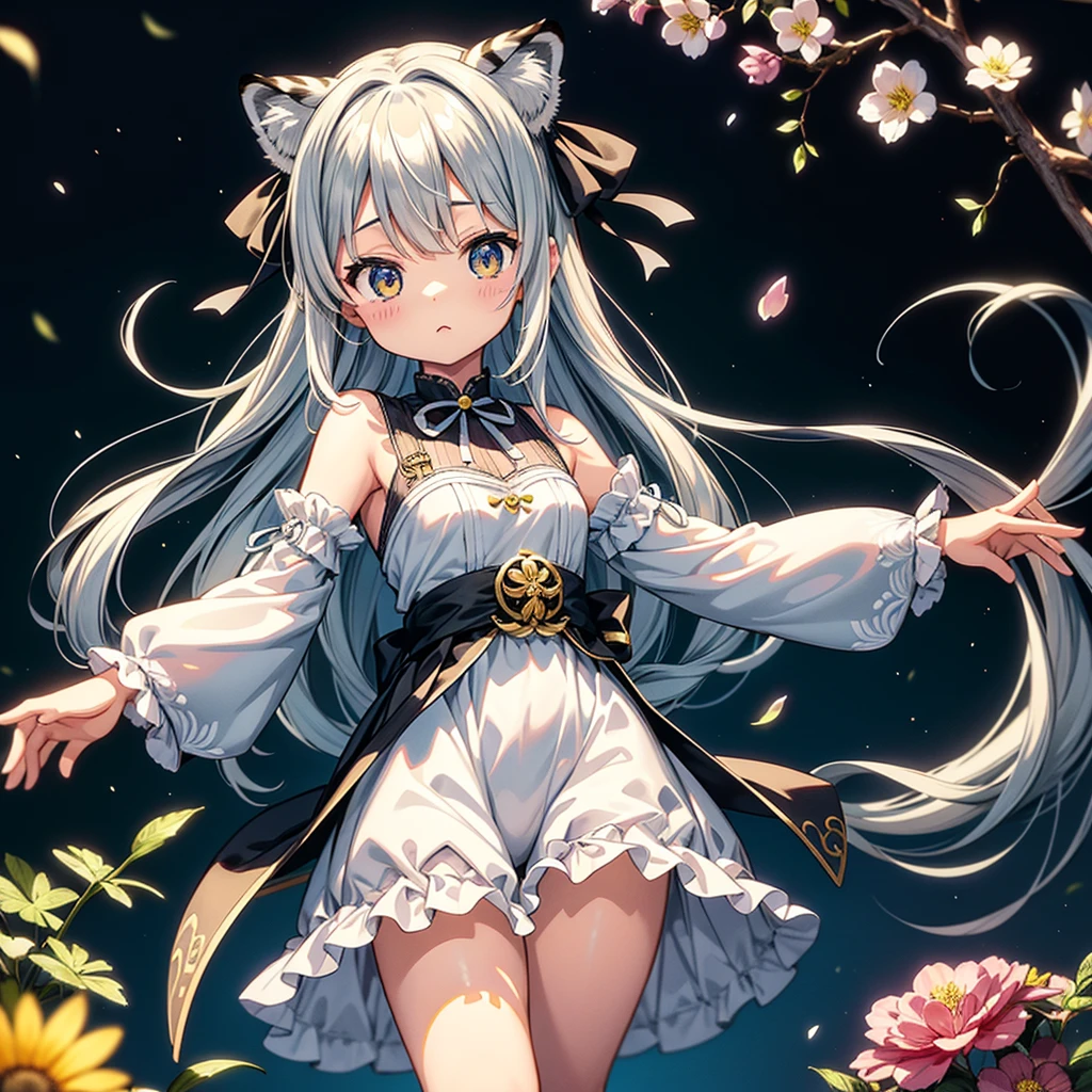 Fantasy、cute白虎の赤ちゃんのぬいぐるみを抱きかかえる人間の美少女、Highest quality、Masterpiece、Dynamic composition、The background is a black and white tiger pattern、cute、
