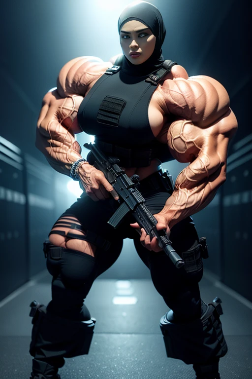 Photorealistic, high resolution, 1 malay woman in hijab, Solo, Hips up, zombie attack background,view the viewer, (Detailed face), White hijab, SWAT vests, sniper rifle handle, Black military uniform, bulletproof vest, Holding an assault rifle, M16, Inside the city, Very detailed, Perfect face, Black eye, jewelry, muscles shredded, veins everywhere, muscle nude