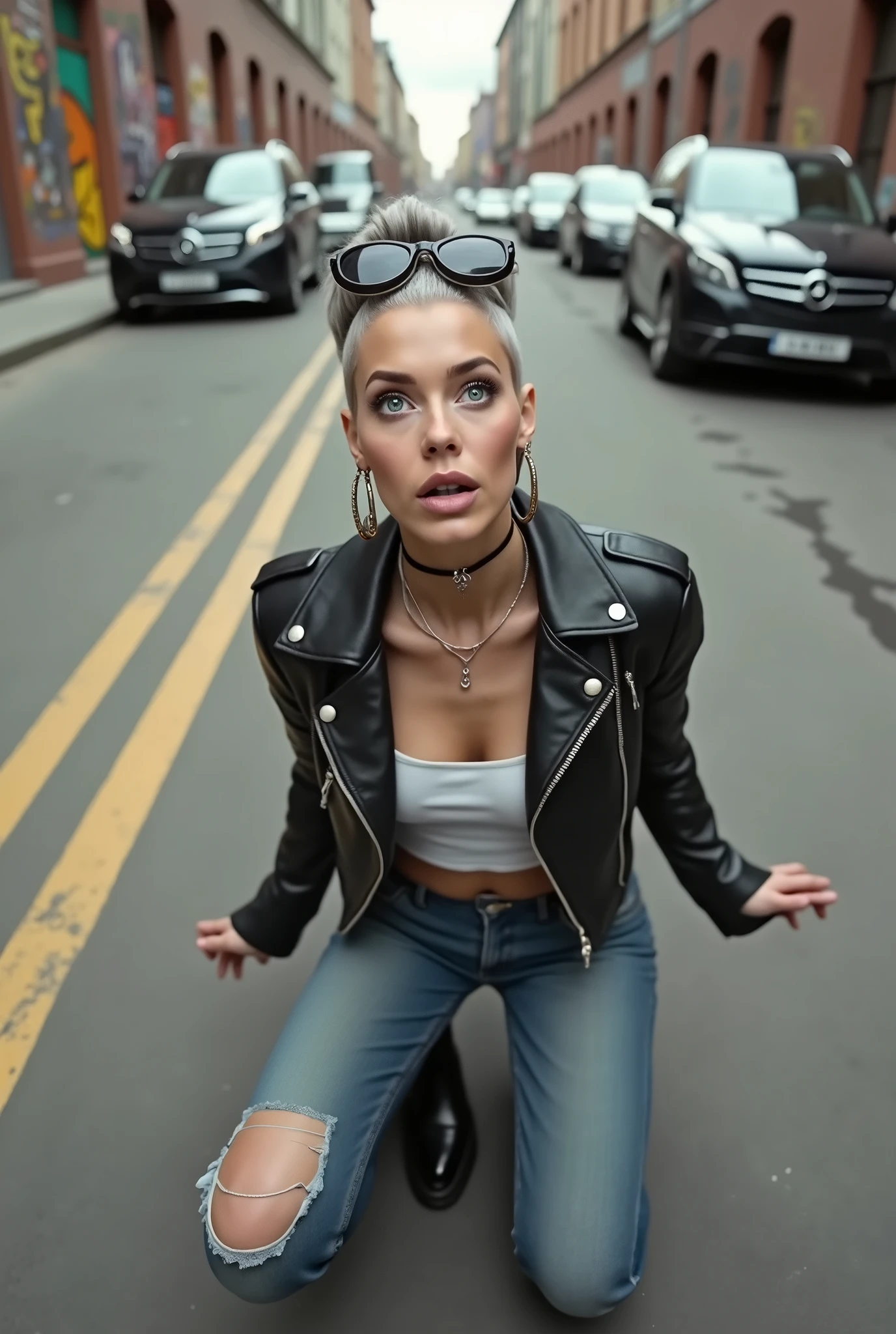 russian milf woman, grey hair (pompadour with shaved sides)!and sunglasses as headband (big maxi glasses), with very light blue eyes, extremely pale. Wearing cropped black moto jacket, black bra, skinny dark blue jeans with worn and dirty knees,  and pointy Chelsea boots with cuban heels . Lots of metallic bracelets and collars. Tacky leather belt with oversized buckle. Wide loop earrings. Hands in knees, kneeing on the ground looking up, chin up, eyes and mouth wide open in amazement .Looking at the camera in amazement,  toned abdominals, thin legs and thin arms. tattoed. Dirty street