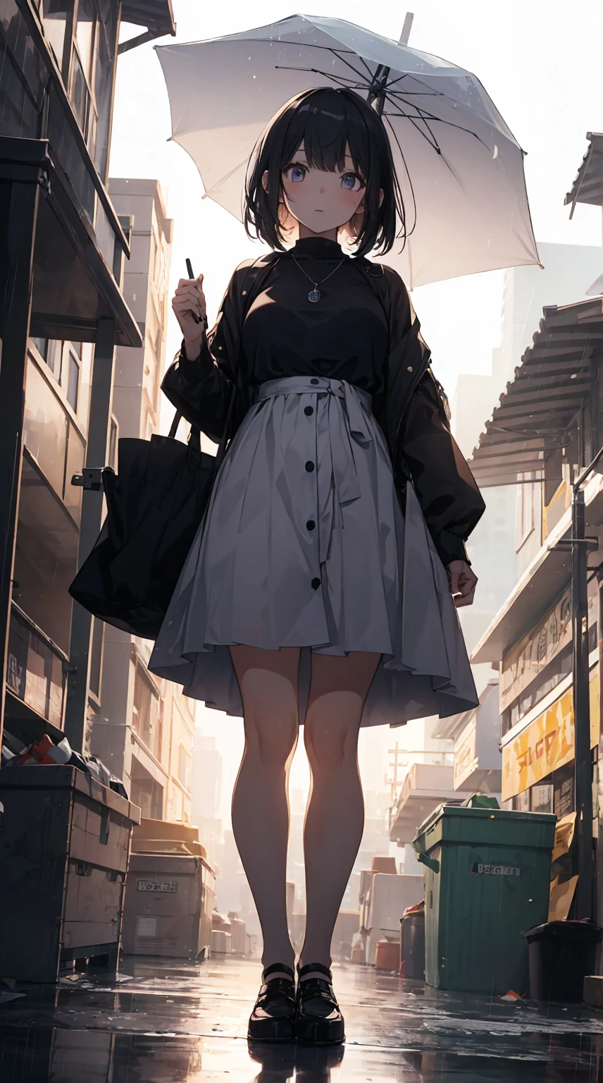 This illustration depicts a cute girl going on a holiday outing. She is in her twenties and has bright eyes. The place is like a park. However, the most noteworthy thing is the "last mysterious high-energy body" she emits. This energy body released from her body has the power to annihilate the garbage in the sky. The blue-white light reaches every corner. She is standing with a parasol and is wearing a dress. It's summer and it's very hot.heavy rain. thunder

