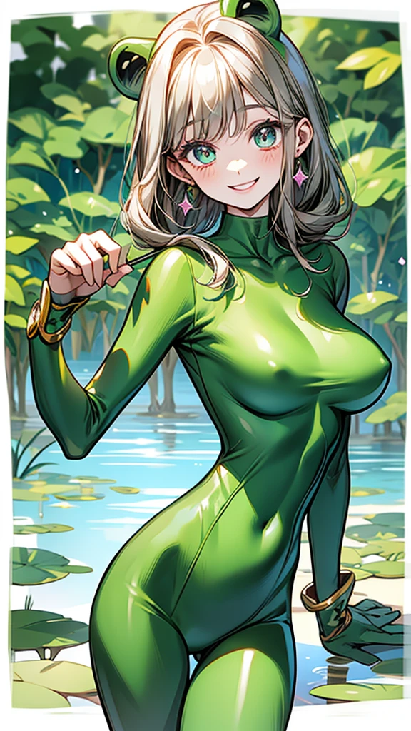 Attractive woman、Beautiful eyes that sparkle、Big eyes、smile、Green bodysuit、Frog costume、Gloss、Frog limbs、By the pond
