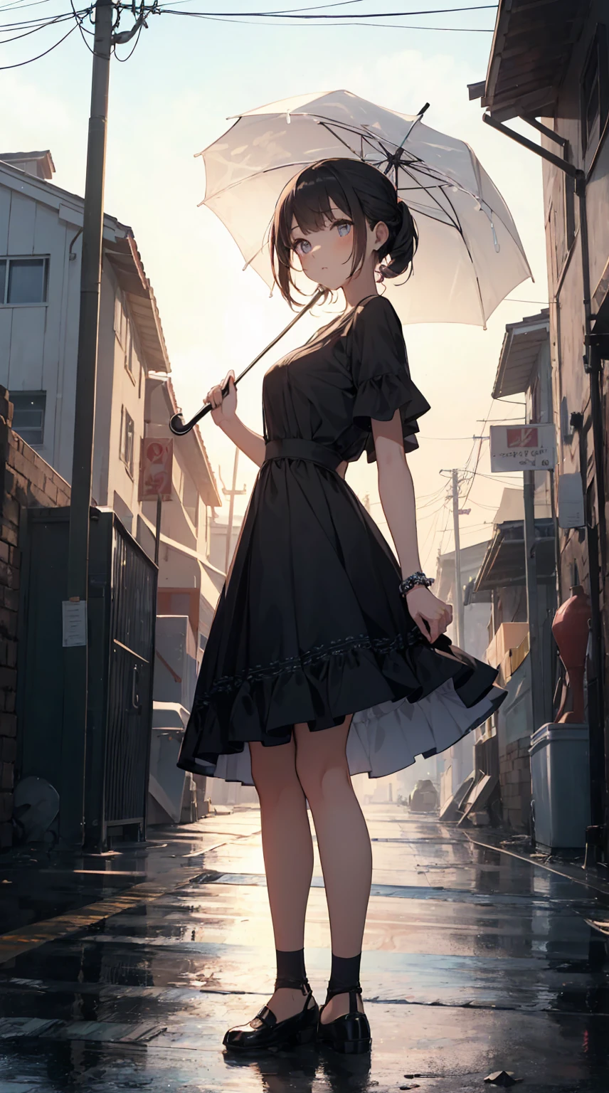 This illustration depicts a cute girl going on a holiday outing. She is in her twenties and has bright eyes. The place is like a park. However, the most noteworthy thing is the "last mysterious high-energy body" she emits. This energy body released from her body has the power to annihilate the garbage in the sky. The blue-white light reaches every corner. She is standing with a parasol and is wearing a dress. It's summer and it's very hot.heavy rain. thunder
