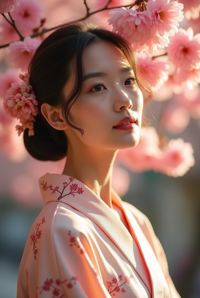 An elegantly dressed Japanese woman in natural light、A close-up of her chest and calm expression.、It shows her inner peace and outer charm.。