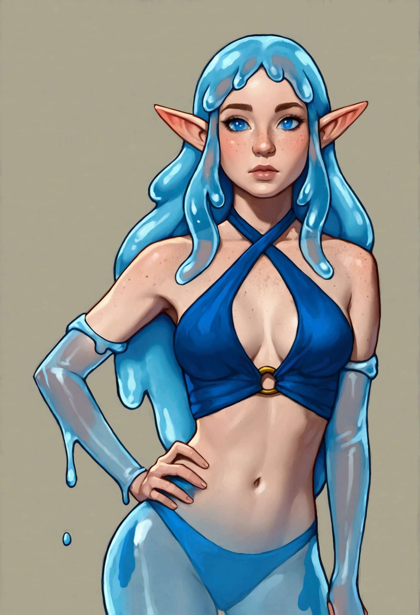 Slime girl, solo, 1girl, pointy ears, ((blue eyes, long hair, freckles across nose)), (light blue halter top, jewelry), cavern entrance, realistic, photoreal, ArsMJStyle, dnddarkestfantasy, dungeons and dragons, (magic in hand, hand on hip), DonMM4g1cXL