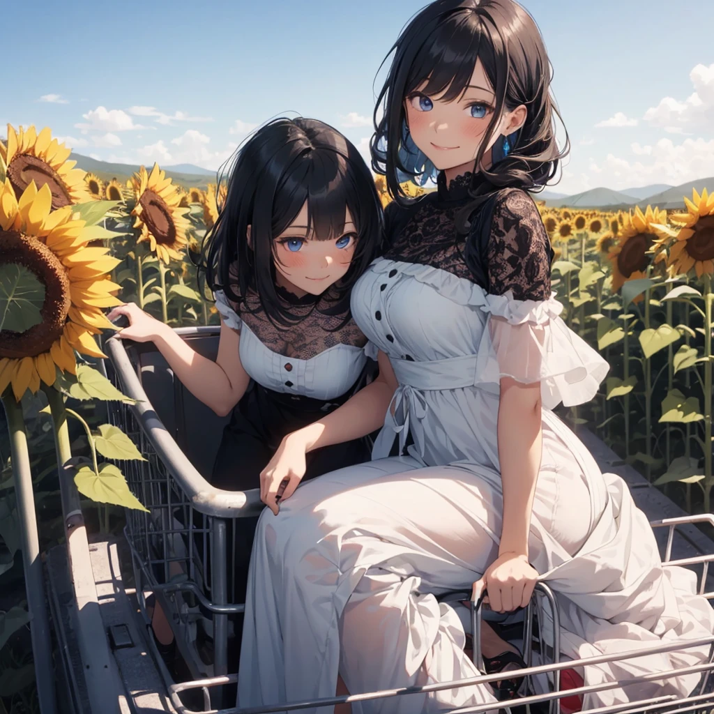 Deformed appearance, 1girl, amazing, girl, 30 years old, house wiife, warm smile, hourglass figure, straight black hair and bangs. She’s riding in the shopping cart. She is wearing a flowing white dress with lace details. Her eyes are large and bright blue. The background is a field of sunflowers under a clear blue sky, and she is smiling softly.