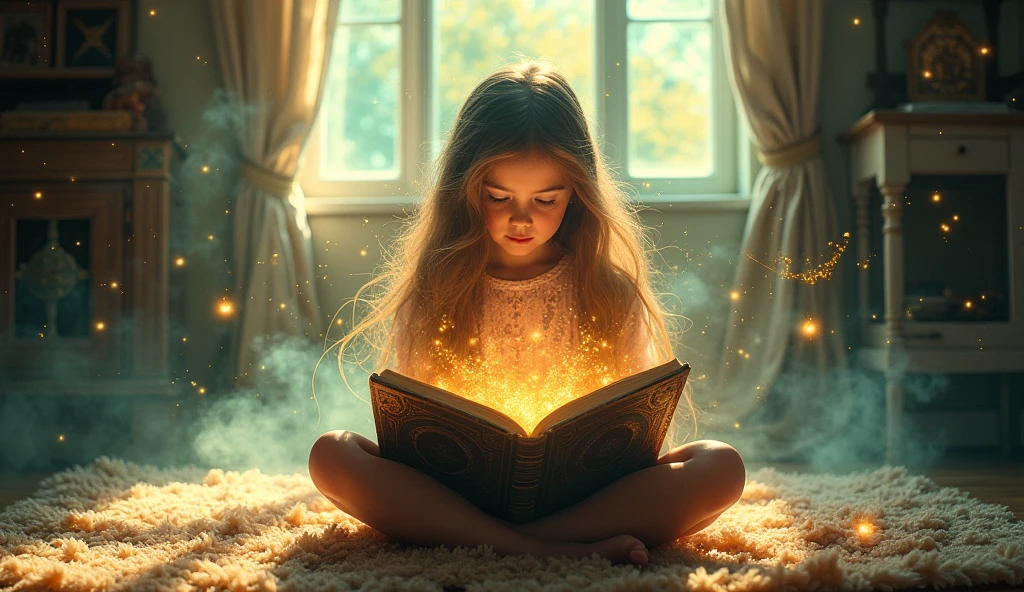 une fille qui lit un livre et qui grace au livre imagine un monde fantastique que l'on va pouvoir observé dans ses long cheuveux qui flotte dans l'air et dans lequelle on voit le monde fantastique