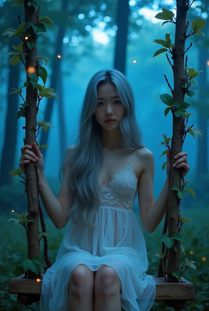 (wide shot, whole body shot), A beautiful korean girl, 20 years old, kpop style, ash grey long wavy hair, white flower headband, blue eyes, sexy body, long legs, wide thigh gap, silver titanium necklace with heart liontin, sitting front view on rotten wood swing inside a quiet mystical illuminated fantasy forest, glowing blue leafs shing the atmosphere, Lots of bright fireflies flying around above the forest, backlighting, holding swing's ropes that has creeping leaves on it. Bare feet, She's wearing transparent white spaghetti strap silky low cut mini night dress, slightly lace dress, cleavage, ((twisting dress, lifting up high your own dress:1.4)), the dress is just below of her pussy, spreading legs, M-legs, ((open wide legs, spreading legs:1.4)), clearly see white slim and thight panties, open legs, looking to the viewer, (((from below, low angle shot:1.4))), beautiful lighting, cinematic, (whole body), (((bright skin:1.4))), ((cinematic lighting:1.3)), bright front studio lighting