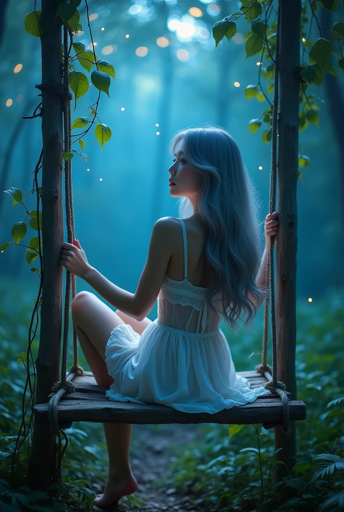 (wide shot, whole body shot), A beautiful korean girl, 20 years old, kpop style, ash grey long wavy hair, white flower headband, blue eyes, sexy body, long legs, wide thigh gap, silver titanium necklace with heart liontin, sitting front view on rotten wood swing inside a quiet mystical illuminated fantasy forest, glowing blue leafs shing the atmosphere, Lots of bright fireflies flying around above the forest, backlighting, holding swing's ropes that has creeping leaves on it. Bare feet, She's wearing transparent white spaghetti strap silky low cut mini night dress, slightly lace dress, cleavage, ((twisting dress, lifting up high your own dress:1.4)), the dress is just below of her pussy, spreading legs, M-legs, ((open wide legs, spreading legs:1.4)), clearly see white slim and thight panties, open legs, looking to the viewer, (((from below, low angle shot:1.4))), beautiful lighting, cinematic, (whole body), (((bright skin:1.4))), ((cinematic lighting:1.3)), bright front studio lighting