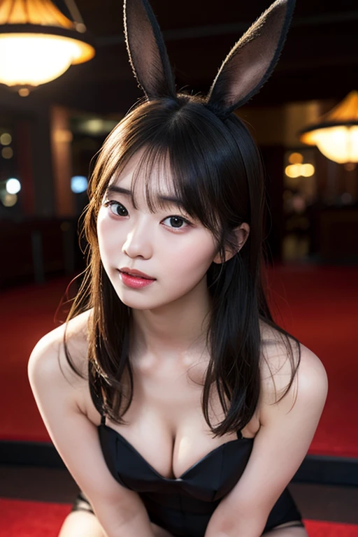 bangs,(Large Breasts:1.2),(Highest quality,masterpiece:1.2),One person,One person,alone,Fair skin,8k,Ultra-high resolution,Super detailed,Highest quality,Look at the viewers、Perfect lighting,flat light,super high quality,Ultra-high resolution,masterpiece,Realistic,Detailed face,Perfect Anatomy,Slender body、Young face、smile、Sweating、Flushed Cheeks、Please show me your whole body、Wear a black bunny girl suit、Wear fishnet stockings、Work at a casino、Beautiful feet、Baby Face、round face、light makeup、Sweaty、Small waist、Please put rabbit ears on your head.、Please attach the rabbit's tail to its butt.