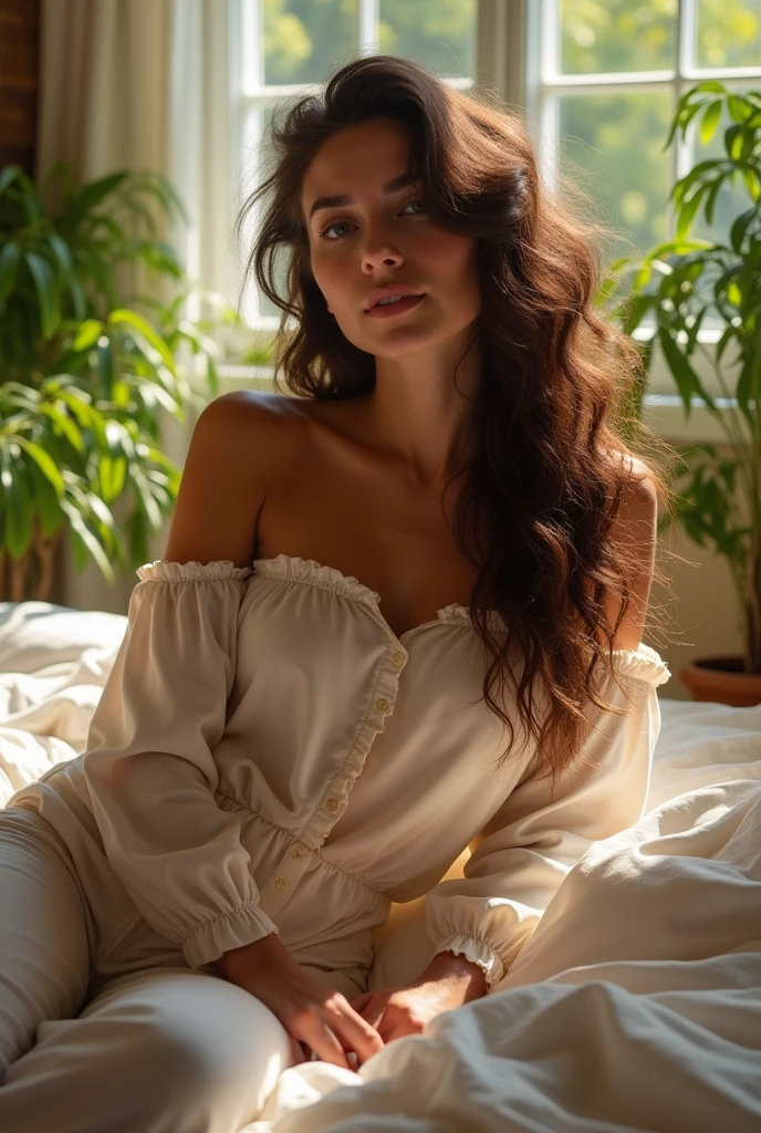 (photorealism:1.2), beautiful woman, sitting on bed, wearing loose off-shoulder top, pajama pants, long curly hair, indoors, soft lighting, plants in background, window with sunlight, cozy room, relaxed pose, realistic, intricate details, warm colors, by Greg Rutkowski, by Alphonse Mucha