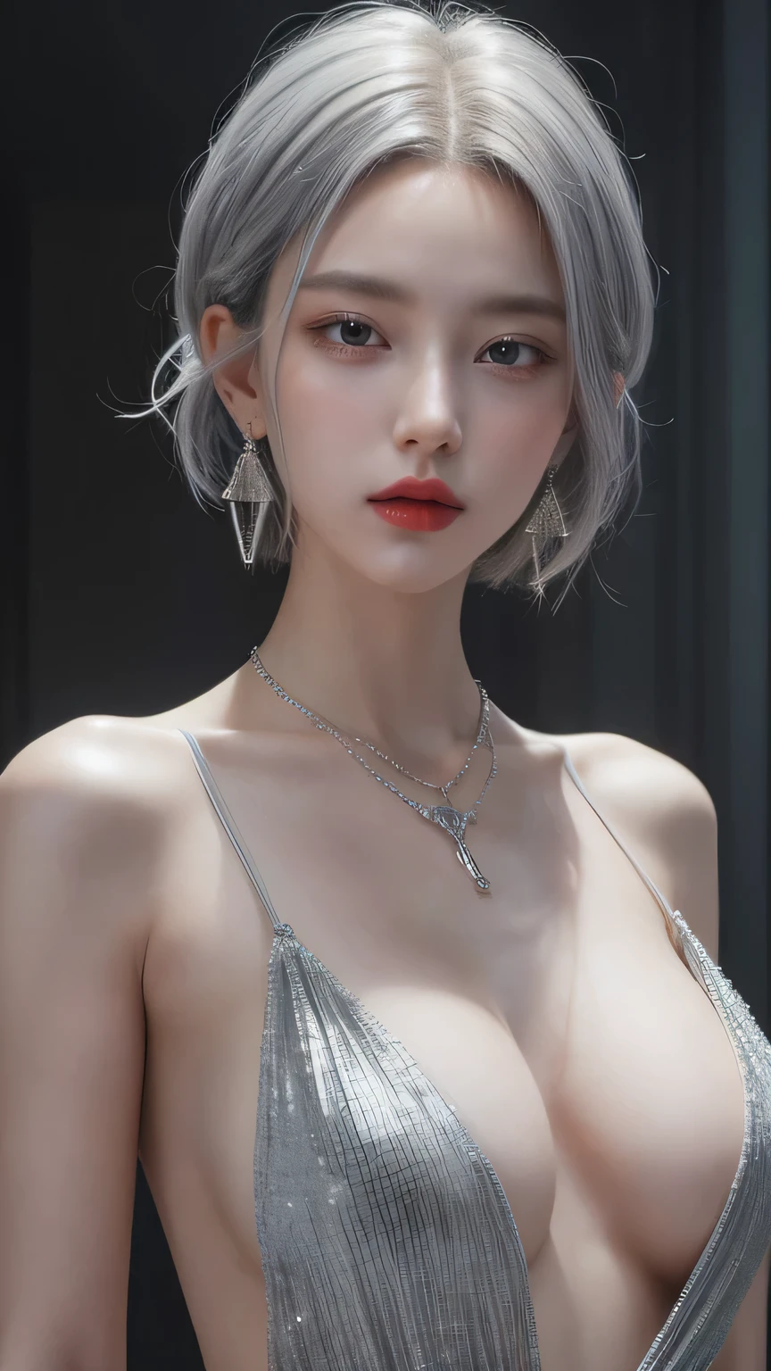 very cool,One girl,jewelry,Multicolored Hair,Silver Hair,Gray Hair,alone,necklace,short hair,whole body,Earrings,Red lips,avert your eyes,Exposing shoulders,Look to the side,compensate,lipstick,, Highest quality , masterpiece, figure, Very delicate and beautiful, Very detailed ,CG,Unity,8k wallpaper, wonderful, In detail, masterpiece, Highest quality,Official Art,Very detailed CG Unity 8k wallpaper,Absurd, incredibly Absurd, Large file size , Very detailed, High resolution, Very detailed,Beautiful detailed, Very detailed eyes and face, Beautiful attention to detail,Light on the face,