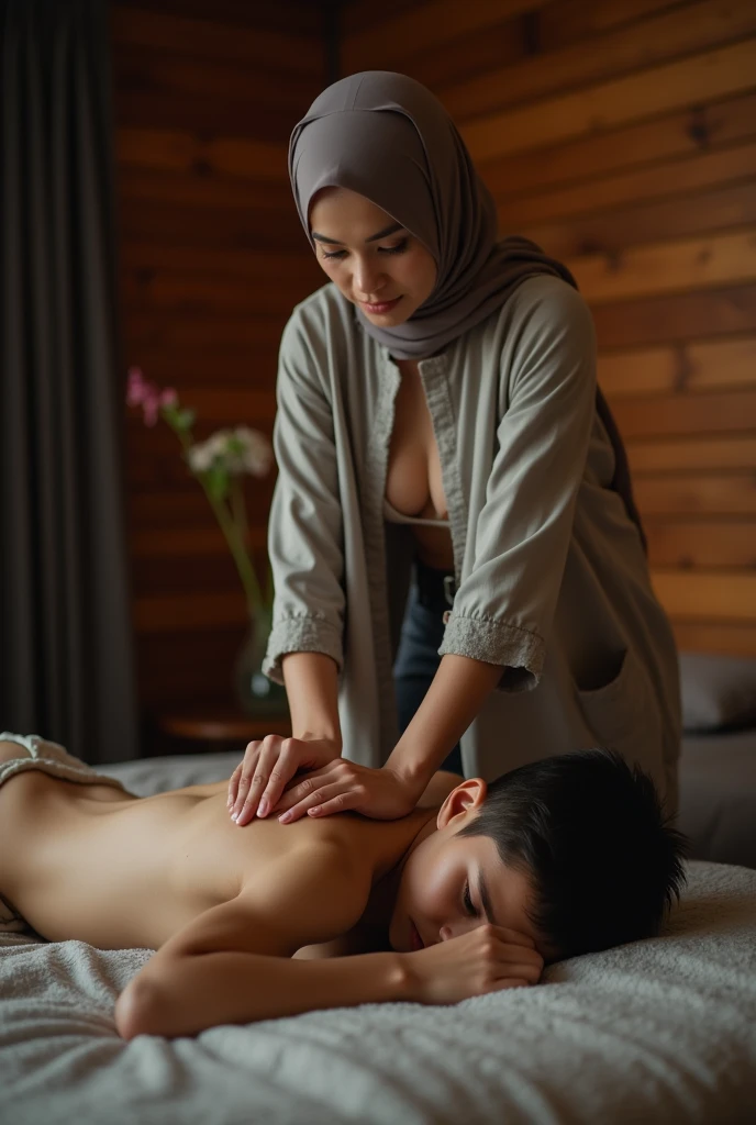 a beautiful Indonesian woman wearing a hijab, slim, 32 years old, wearing a robe with buttons open, bra visible, is massaging a 14 year old age boy on a bed, in a room with wooden plank walls, at night