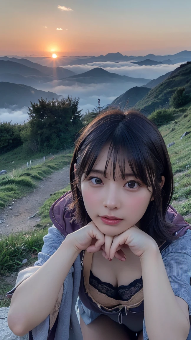 Highest quality, masterpiece, Ultra-high resolution, (Realistic:1.3), RAW Photos, (Nature landscape photography), (Majestic Mountain々The summit of the, sea of clouds), (とても大きな山The summit of the), (sunset), (one person's), (Upper Body), (20-year-old), (smile:0.9), (Glowing Skin), (short hair, Dark brown hair), (A loose white see-through T-shirt), (Tight Casual Super Shorts),(Off the shoulder)、 (Ultra detailed face), ( erecti (Highly detailed eyes), (Highly detailed nose), (Highly detailed mouth), (Very skilled hands), (Super-detailed body), Sony a7, 85mm lens, f9.0, Pan Focus
、We provide high quality lace panties、(Turn dy forward、To the camera、Face to face:1.3)、(Please put your hands on the ground、Hunchback、Dorsal position:1.3)、Shooting from belo
