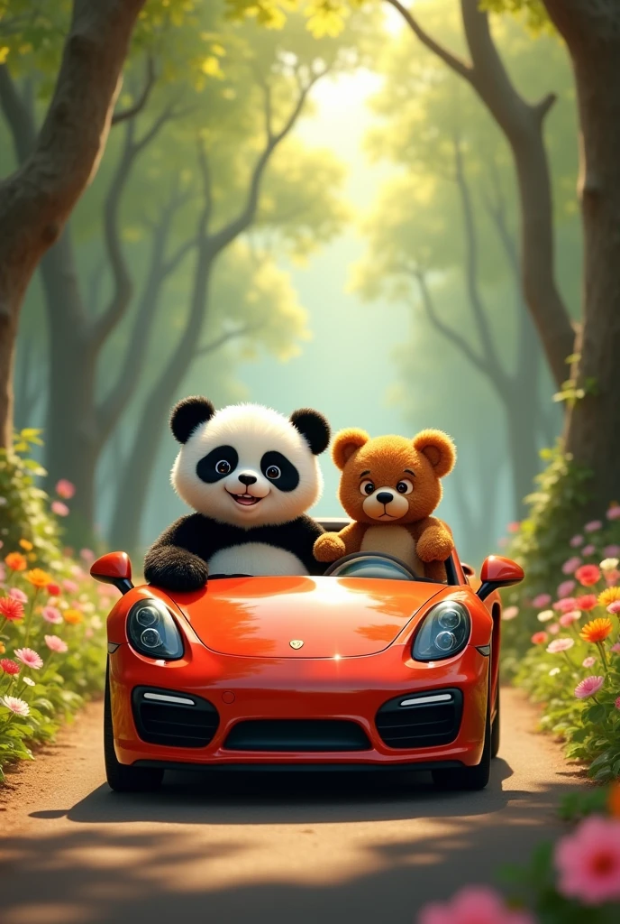 Male Panda is riding a Top opend car and female teddy bear is sad beside panda and both are enjoying