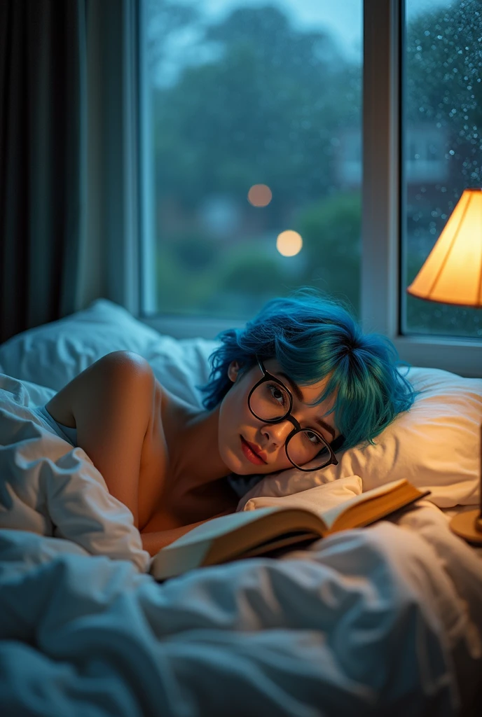 Pretty girl with short blue hair, With glasses, Lying in bed topless reading a book, It's raining outside