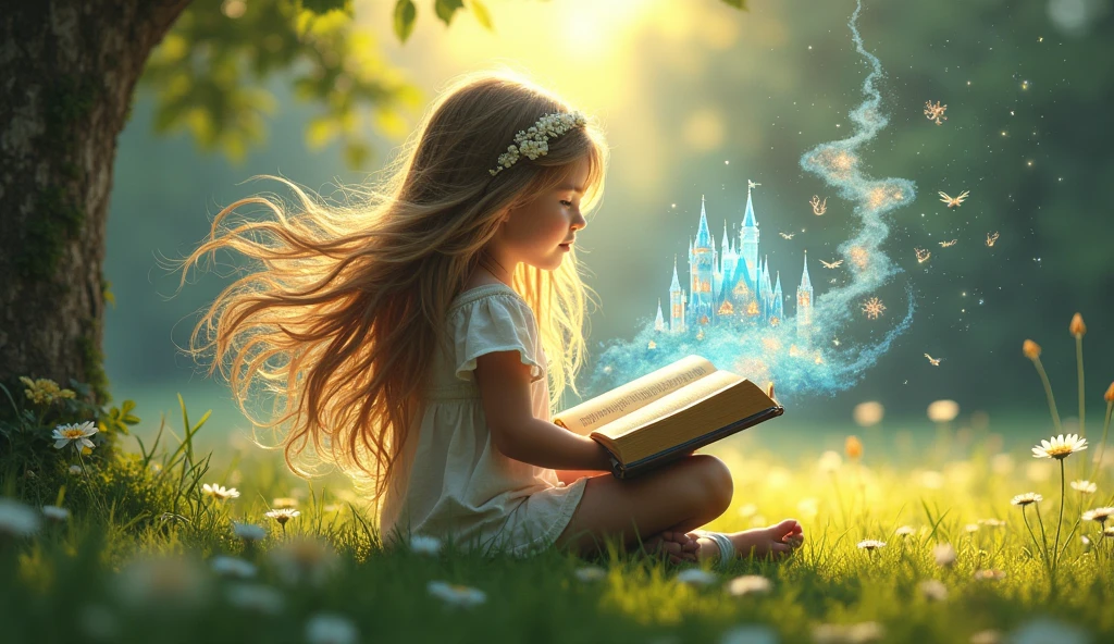 une fille qui lit un livre et qui grace au livre imagine un monde fantastique que l'on va pouvoir observé dans ses long cheuveux qui flotte dans l'air et dans lequelle on voit le monde fantastique