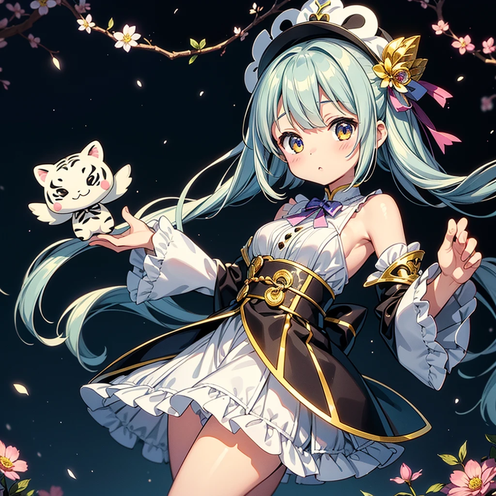 Fantasy、cute白虎の赤ちゃんのぬいぐるみを抱きかかえる人間の美少女、Highest quality、Masterpiece、Dynamic composition、The background is a black and white tiger pattern、cute、